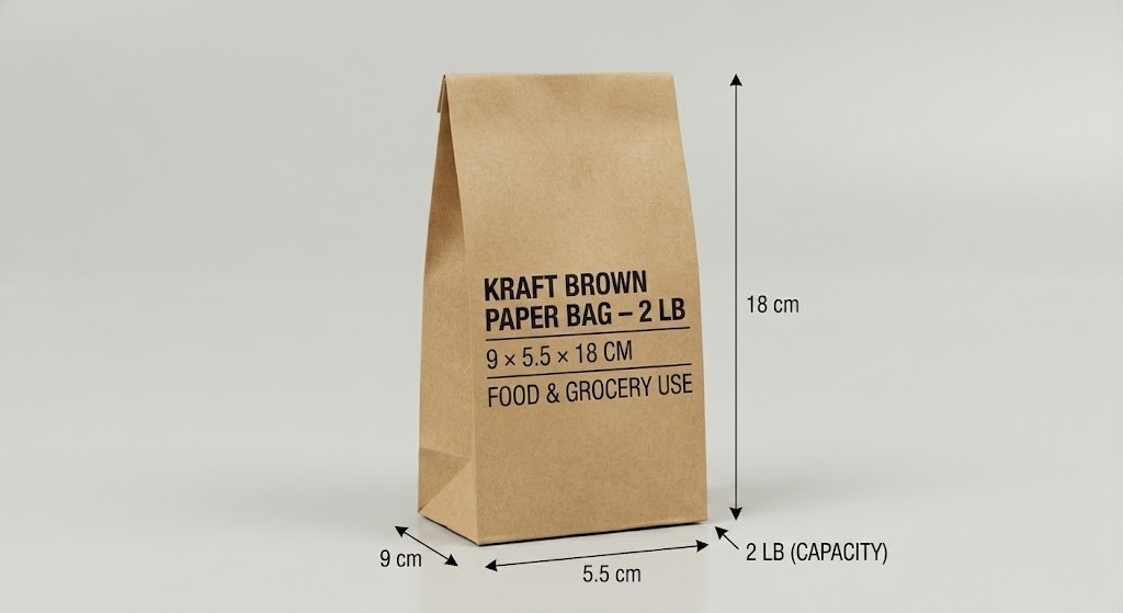 Kraft Brown Paper Bag – 2 lb | 9 × 5.5 × 18 cm | Food & Grocery Use